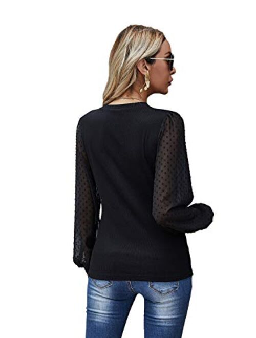 SheIn Women's Sheer Mesh Dobby Bishop Long Sleeve Tops Crewneck Solid Tee Shirt