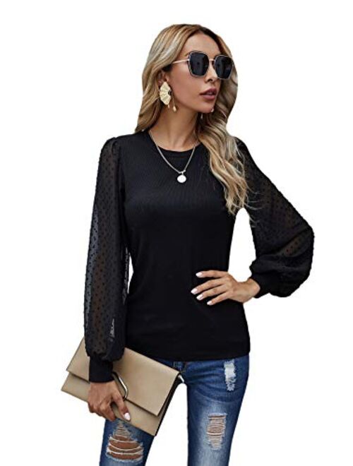 SheIn Women's Sheer Mesh Dobby Bishop Long Sleeve Tops Crewneck Solid Tee Shirt