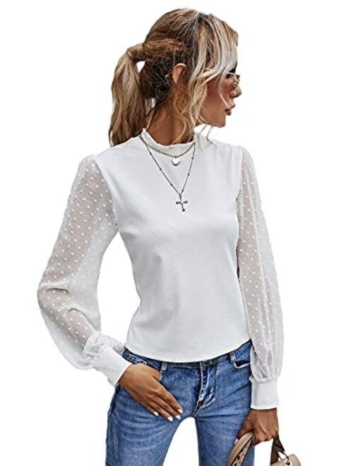 SheIn Women's Sheer Mesh Dobby Bishop Long Sleeve Tops Crewneck Solid Tee Shirt