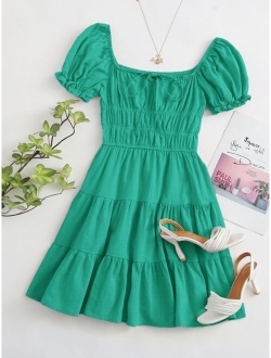 Tie Neck Ruched Bust Tiered Dress