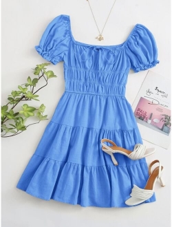 Tie Neck Ruched Bust Tiered Dress