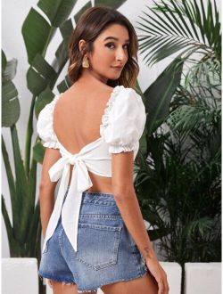 Frilled Puff Sleeve Tie Backless Top