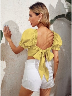 Frilled Puff Sleeve Tie Backless Top