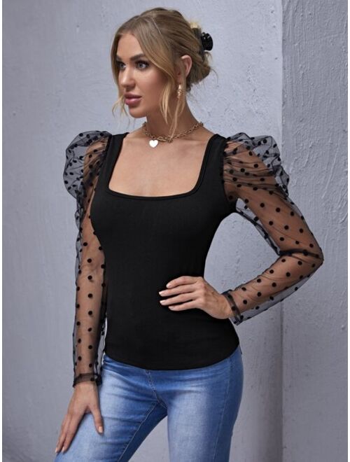 SHEIN Flocked Polka Dot Mesh Gigot Sleeve Top