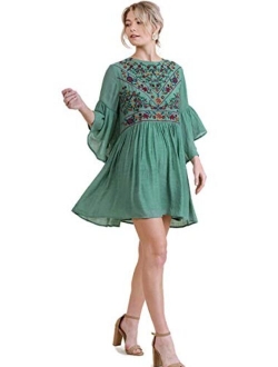 Umgee Women's Floral Embroidered Keyhole Bell Sleeve Mini Dress Bohemian