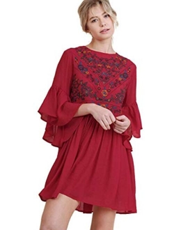 Umgee Women's Floral Embroidered Keyhole Bell Sleeve Mini Dress Bohemian