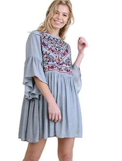 Umgee Women's Floral Embroidered Keyhole Bell Sleeve Mini Dress Bohemian