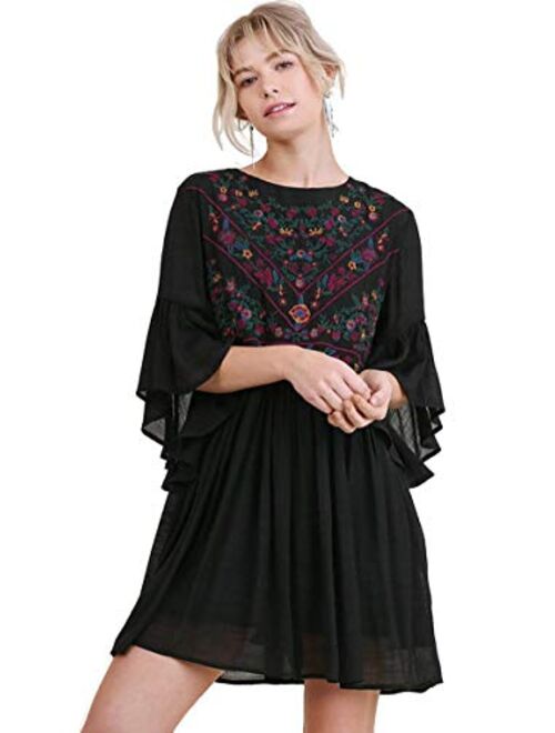 Umgee Women's Floral Embroidered Keyhole Bell Sleeve Mini Dress Bohemian