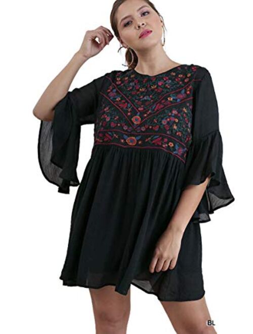 Umgee Women's Floral Embroidered Keyhole Bell Sleeve Mini Dress Bohemian