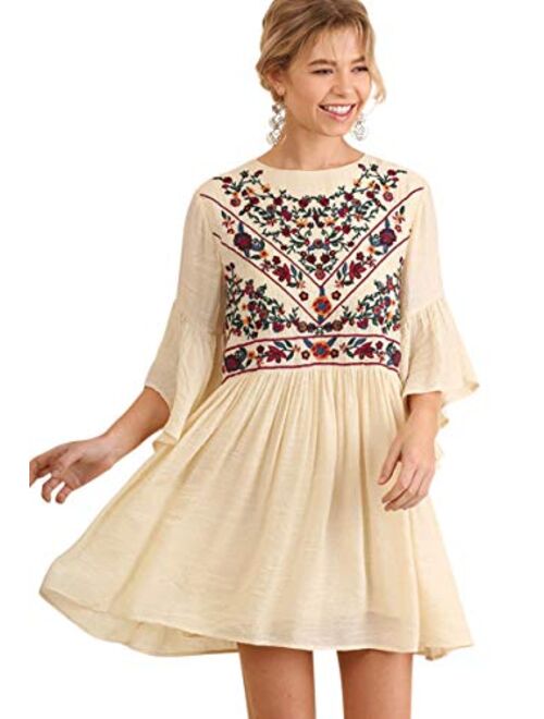 Umgee Women's Floral Embroidered Keyhole Bell Sleeve Mini Dress Bohemian