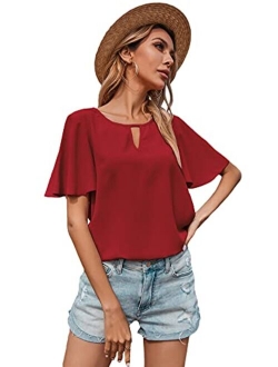 Women's Keyhole Neck Butterfly Sleeve Blouse Work Office Solid Shirt Top