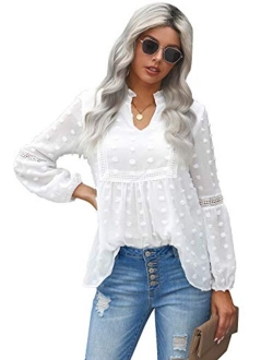 Women's Casual Notched Neck Long Sleeve Swiss Dots Chiffon Blouse Tops