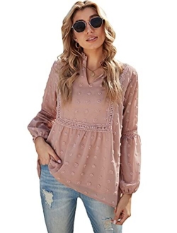 Women's Casual Notched Neck Long Sleeve Swiss Dots Chiffon Blouse Tops