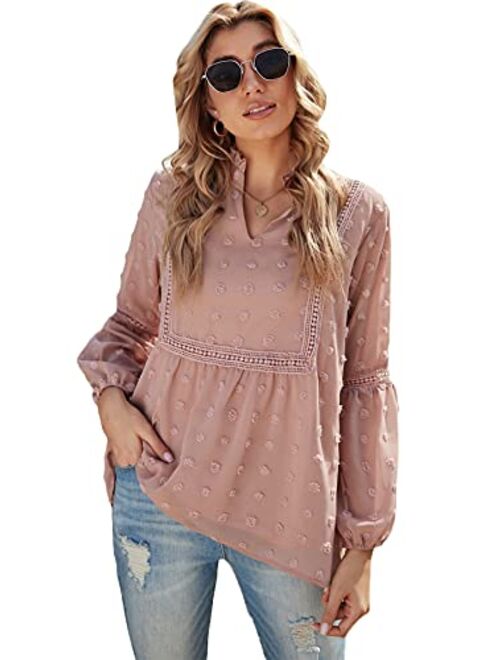 Floerns Women's Casual Notched Neck Long Sleeve Swiss Dots Chiffon Blouse Tops