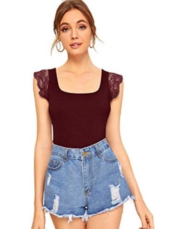 Women's Solid Scoop Neck Lace Cap Sleeve Slim Fit T-Shirt Tops