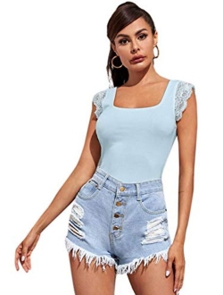 Women's Solid Scoop Neck Lace Cap Sleeve Slim Fit T-Shirt Tops