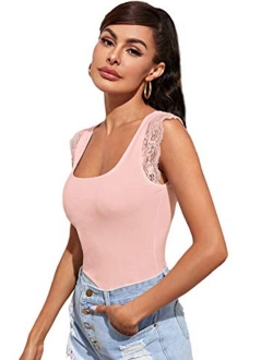 Women's Solid Scoop Neck Lace Cap Sleeve Slim Fit T-Shirt Tops