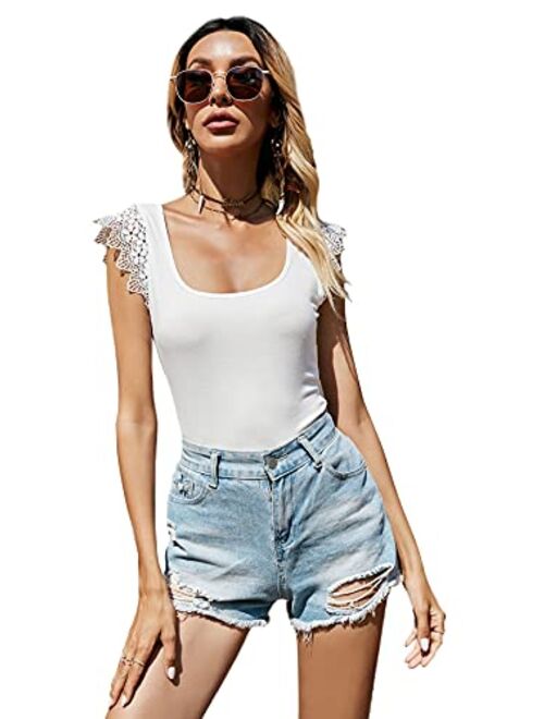 SweatyRocks Women's Solid Scoop Neck Lace Cap Sleeve Slim Fit T-Shirt Tops