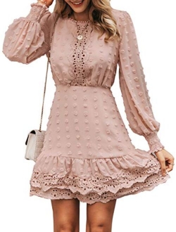 MsLure Women's Elegant Lace Chiffon Mini Dress Lantern Sleeve Ruffle Hem Party Dress