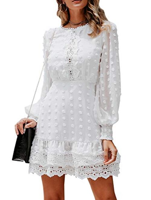 MsLure Women's Elegant Lace Chiffon Mini Dress Lantern Sleeve Ruffle Hem Party Dress