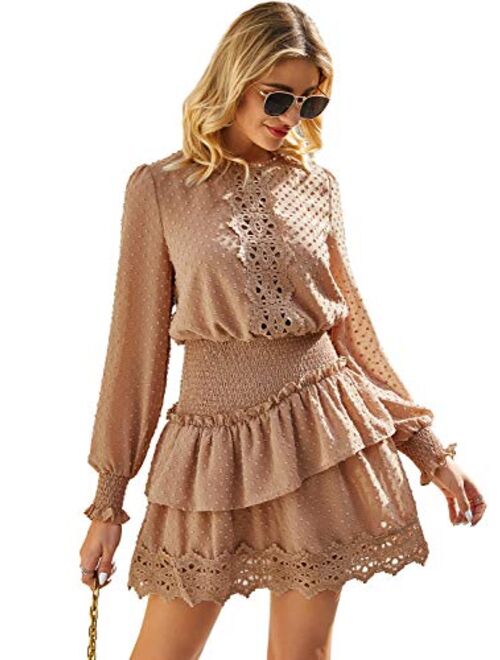 MsLure Women's Elegant Lace Chiffon Mini Dress Lantern Sleeve Ruffle Hem Party Dress