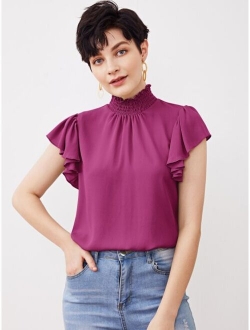 Shirred Neck Flutter Sleeve Top