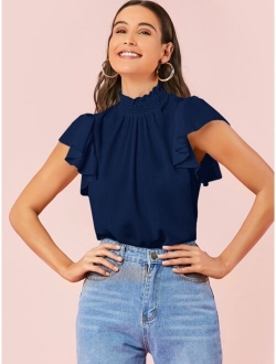 Shirred Neck Flutter Sleeve Top