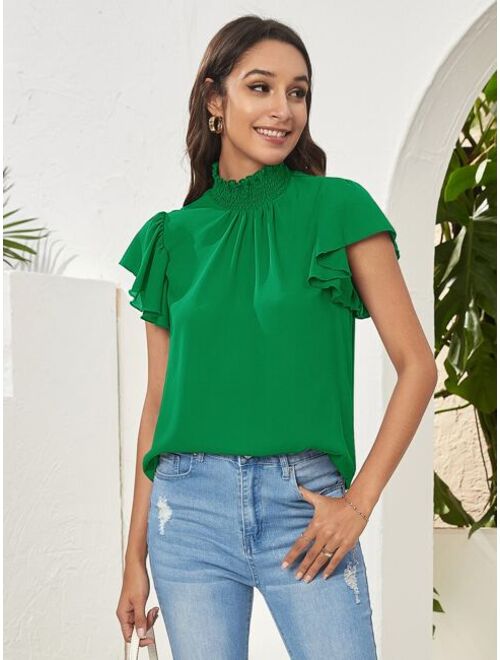 SHEIN Shirred Neck Flutter Sleeve Top