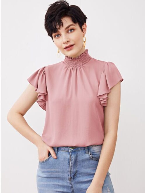 SHEIN Shirred Neck Flutter Sleeve Top