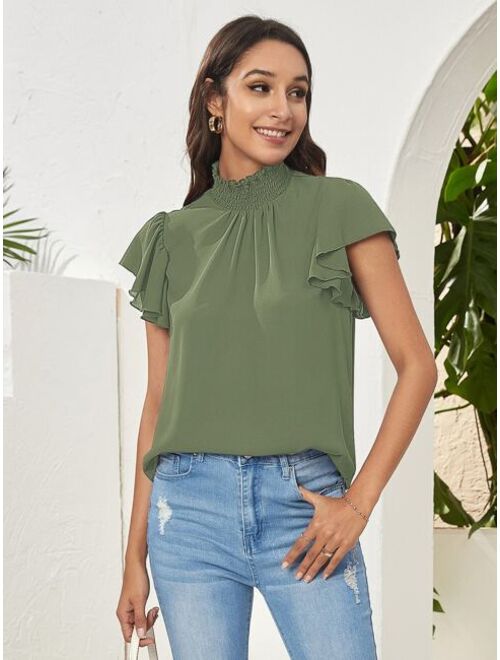 SHEIN Shirred Neck Flutter Sleeve Top