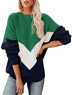 Saodimallsu Womens Oversized Batwing Sleeve Sweaters Chevron Color Block Slouchy Loose Knit Pullover Jumper