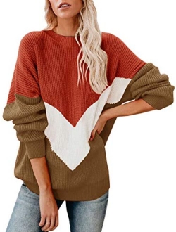 Saodimallsu Womens Oversized Batwing Sleeve Sweaters Chevron Color Block Slouchy Loose Knit Pullover Jumper