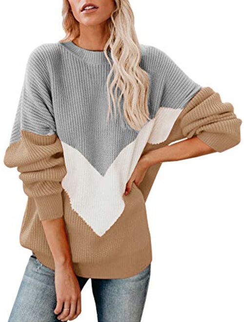 Saodimallsu Womens Oversized Batwing Sleeve Sweaters Chevron Color Block Slouchy Loose Knit Pullover Jumper