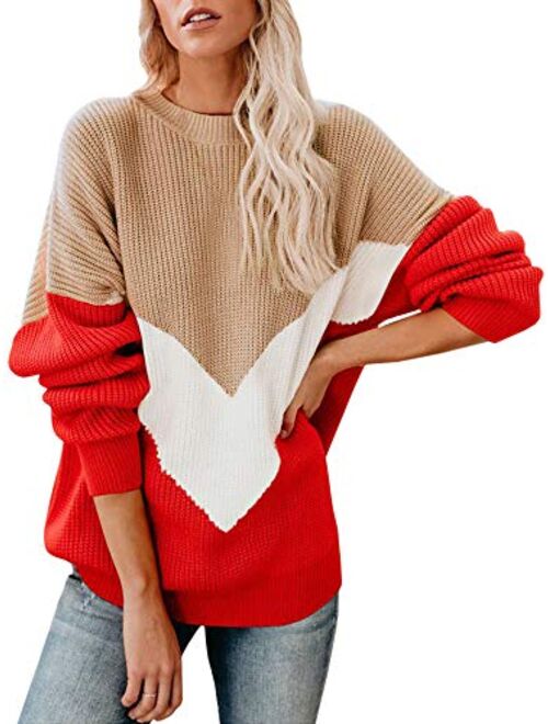 Saodimallsu Womens Oversized Batwing Sleeve Sweaters Chevron Color Block Slouchy Loose Knit Pullover Jumper