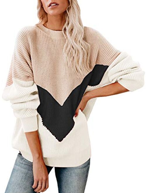 Saodimallsu Womens Oversized Batwing Sleeve Sweaters Chevron Color Block Slouchy Loose Knit Pullover Jumper