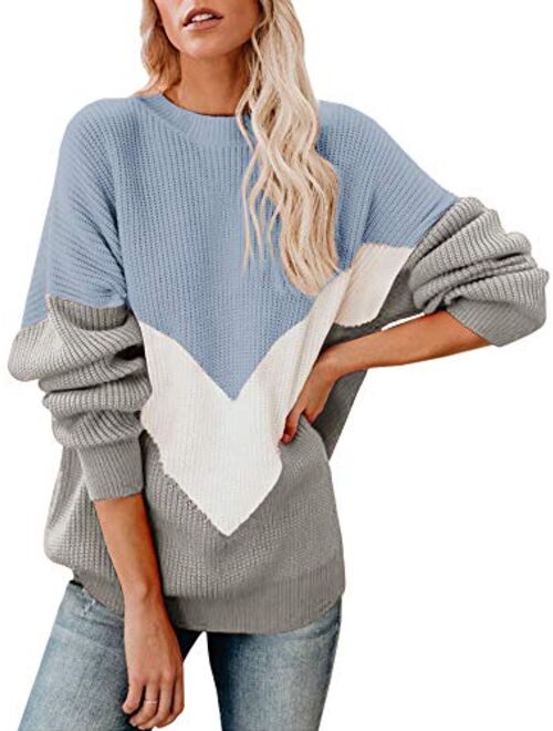 Saodimallsu Womens Oversized Batwing Sleeve Sweaters Chevron Color Block Slouchy Loose Knit Pullover Jumper