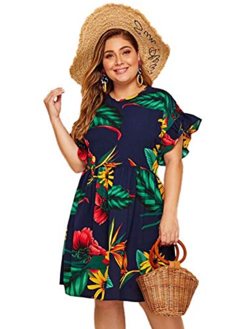 Milumia Women's Plus Size Tropical Leaf Print Ruffle Sleeve Pleated Short Dress