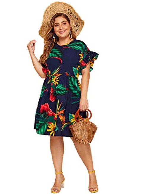 Milumia Women's Plus Size Tropical Leaf Print Ruffle Sleeve Pleated Short Dress