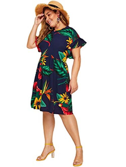 Milumia Women's Plus Size Tropical Leaf Print Ruffle Sleeve Pleated Short Dress