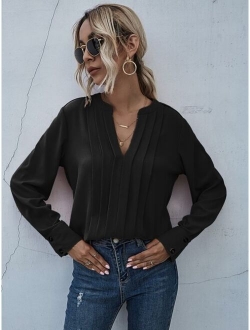 Solid Buttoned Cuff Notched Neck Blouse