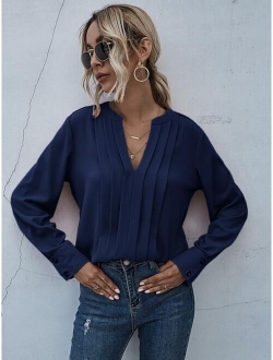 Solid Buttoned Cuff Notched Neck Blouse