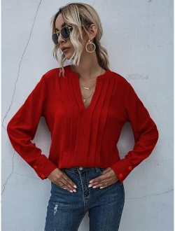 Solid Buttoned Cuff Notched Neck Blouse