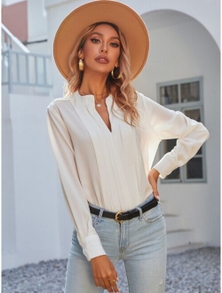 Solid Buttoned Cuff Notched Neck Blouse