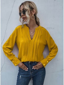 Solid Buttoned Cuff Notched Neck Blouse