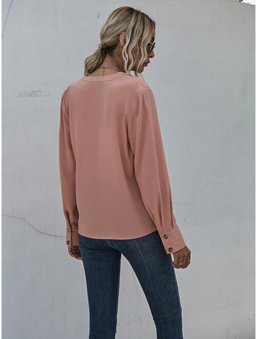 Shein Solid Buttoned Cuff Notched Neck Blouse