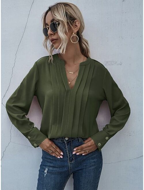 Shein Solid Buttoned Cuff Notched Neck Blouse