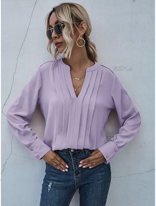 Shein Solid Buttoned Cuff Notched Neck Blouse