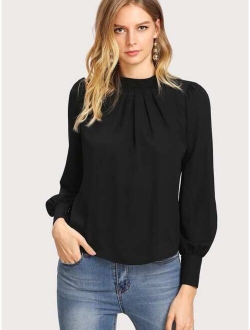 Keyhole Back Mock Neck Solid Blouse