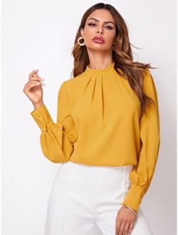 Keyhole Back Mock Neck Solid Blouse