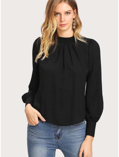 Shein Keyhole Back Mock Neck Solid Blouse